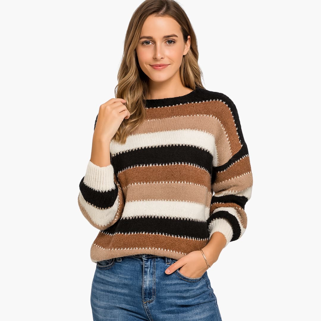 Women's Pullover with Round Neck and Striped Surface