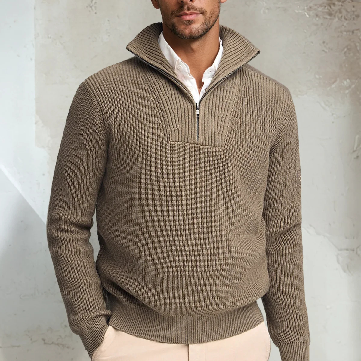 The Roma Men's Ribbed Half Zip Funnel Neck Sweater