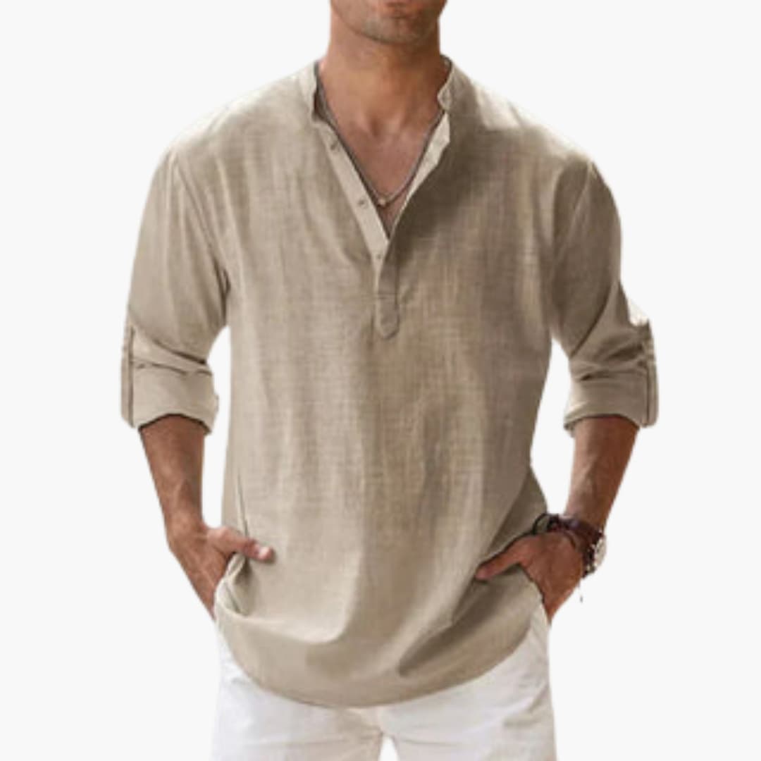 Casual Men's Linen Shirt – Long Sleeve, Henley Style
