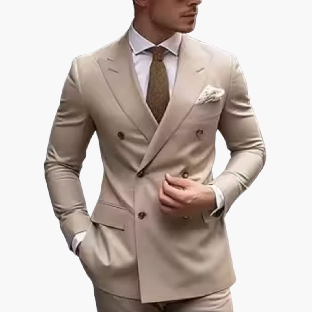 Two-Piece Men's Suit with Double-Breasted Jacket and Peak Lapel