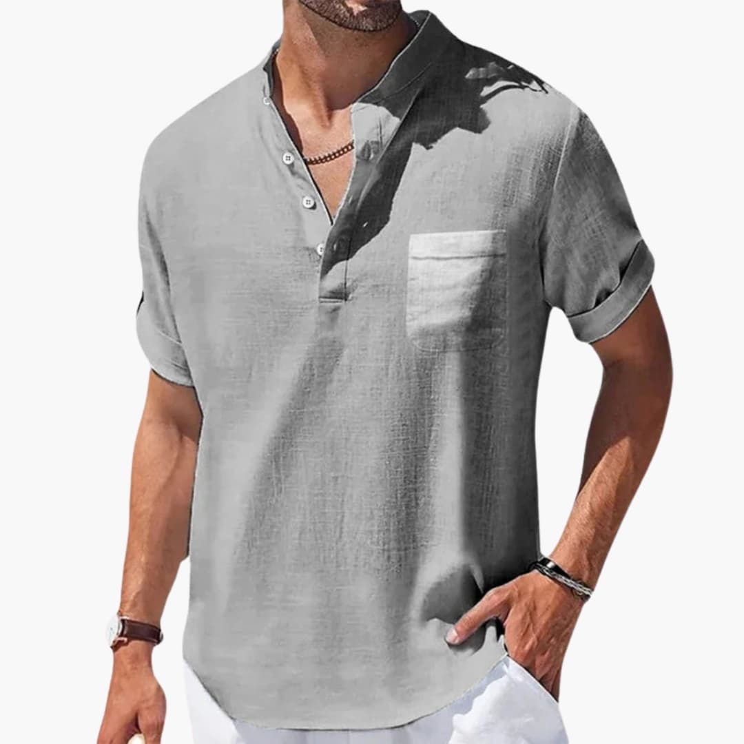 Men's Summer T-Shirt with Button Placket and Stand-Up Collar