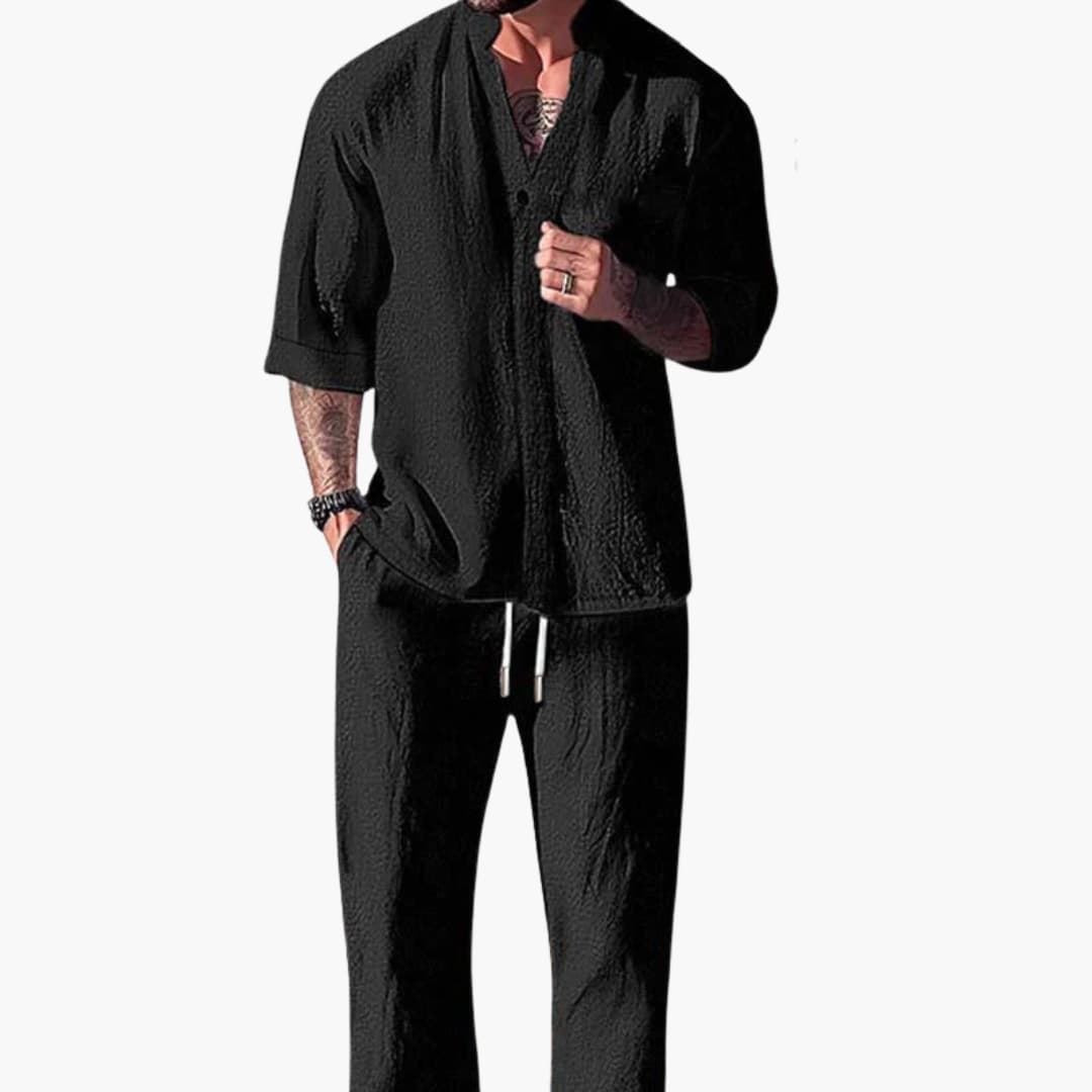 Men's Summer Two-Piece Set with Drawstring Pants and Long Sleeve Shirt