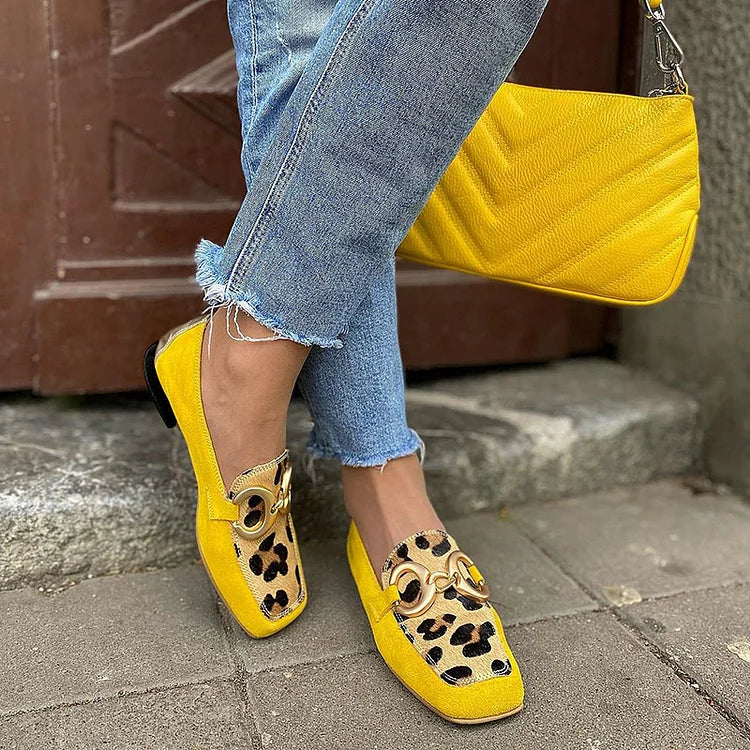 Yellow loafer with animal print detail