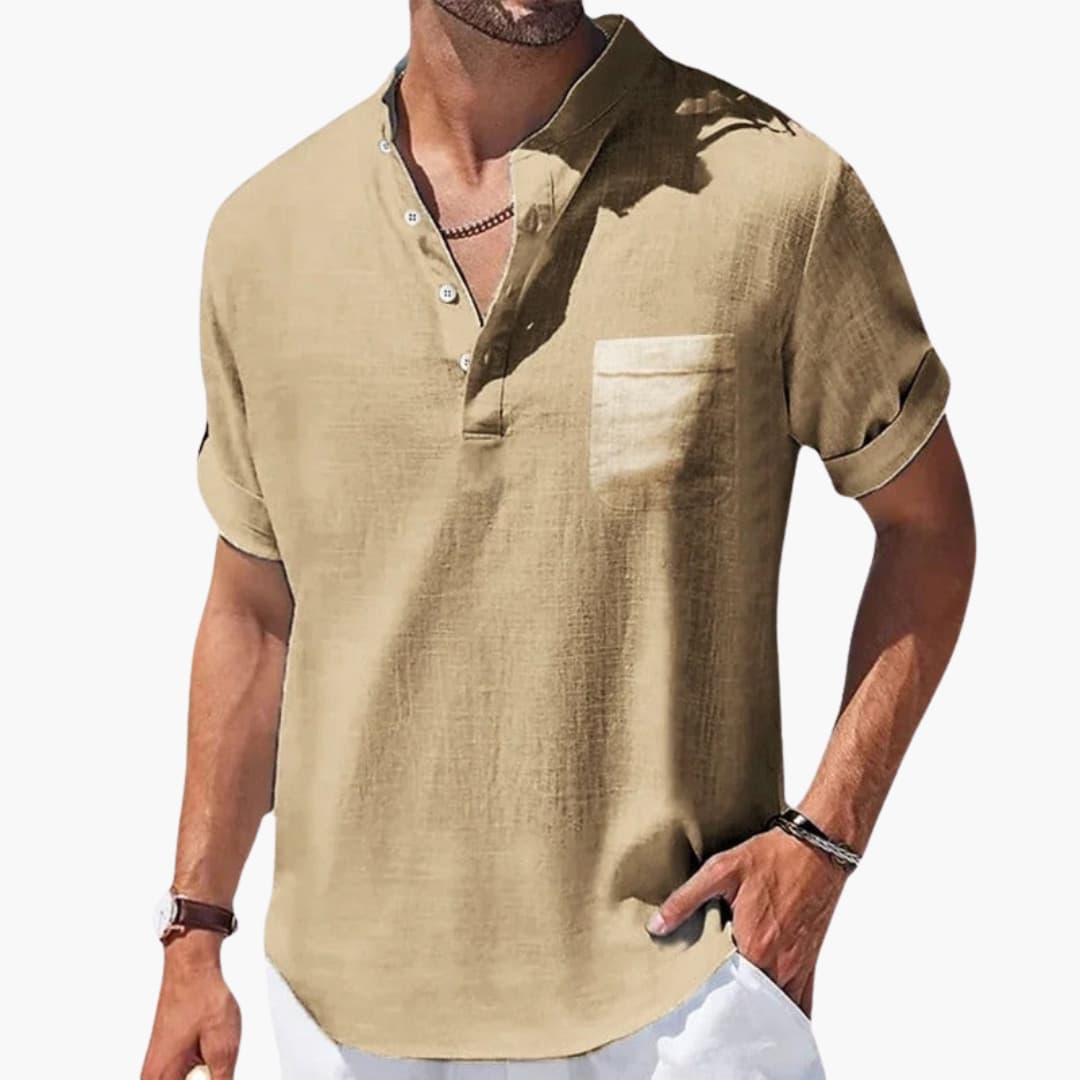 Men's Summer T-Shirt with Button Placket and Stand-Up Collar