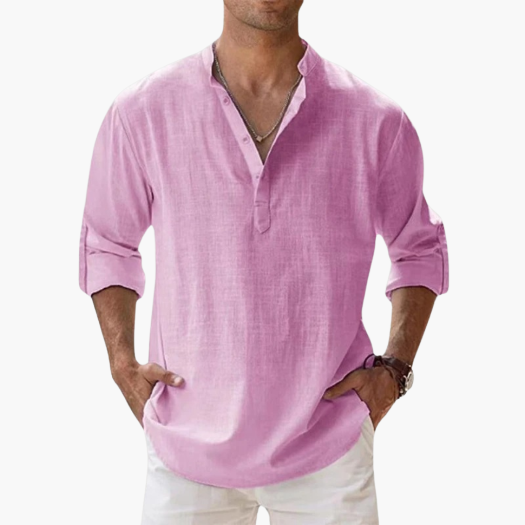 Casual Men's Linen Shirt – Long Sleeve, Henley Style
