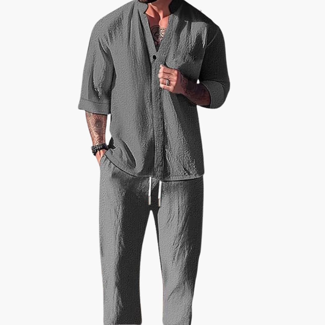 Men's Summer Two-Piece Set with Drawstring Pants and Long Sleeve Shirt