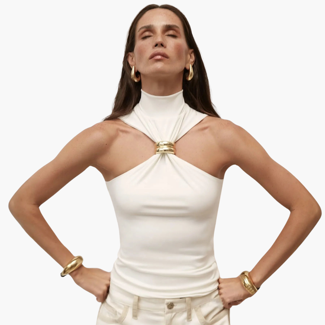 Chic High Neck Halter Top - for Women with Gold Accent