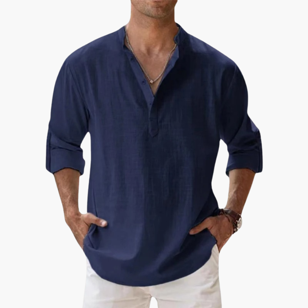 Casual Men's Linen Shirt – Long Sleeve, Henley Style