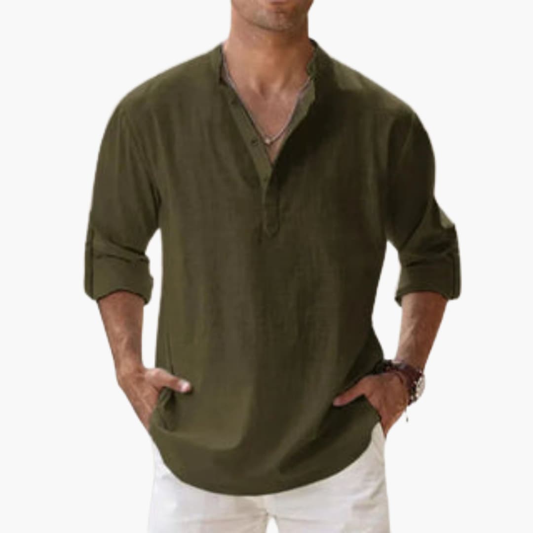 Casual Men's Linen Shirt – Long Sleeve, Henley Style