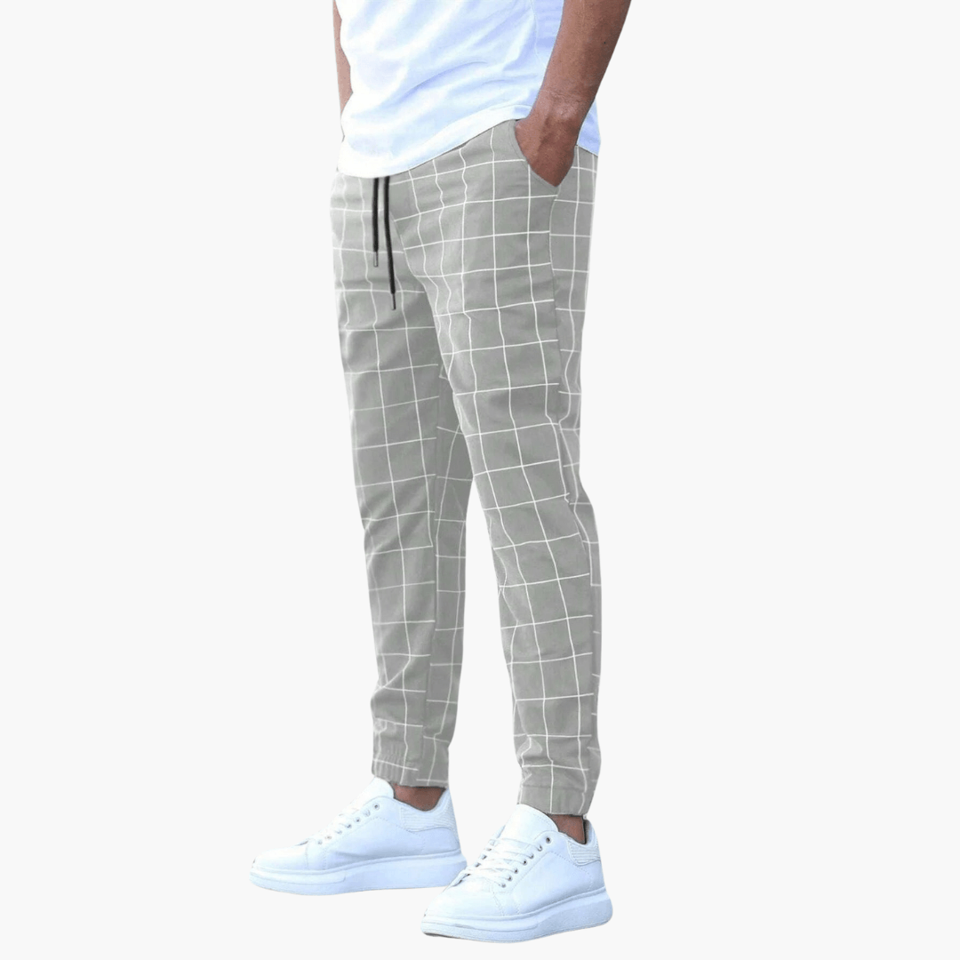 Men’s Check Pants with Adjustable Waistband and Straight Legs