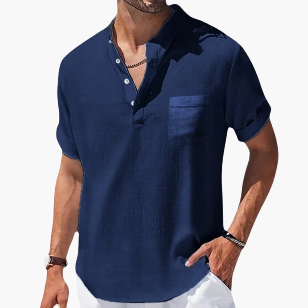 Men's Summer T-Shirt with Button Placket and Stand-Up Collar