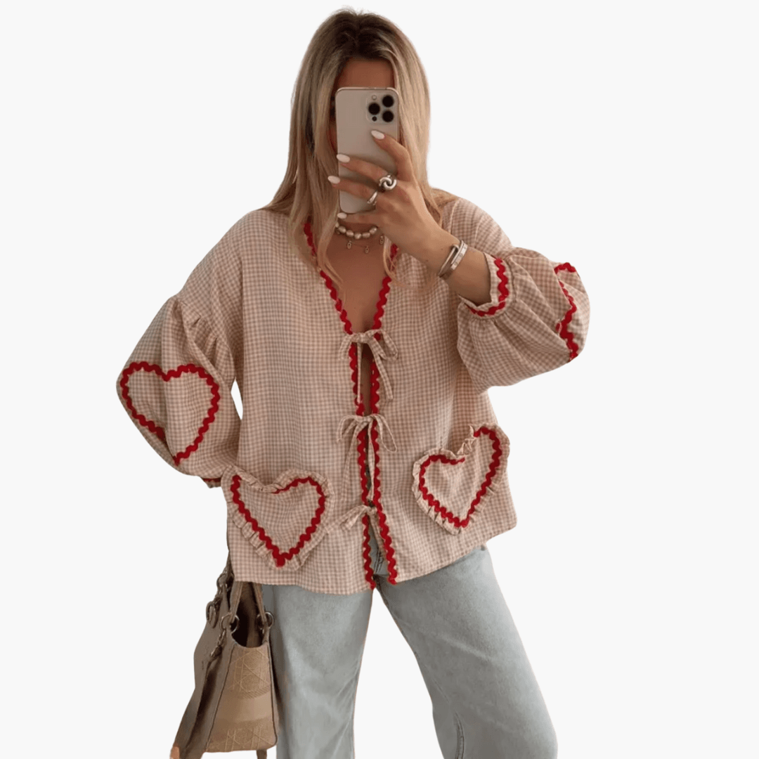 Women's Gingham Blouse with Heart Pockets – Summer Blouse