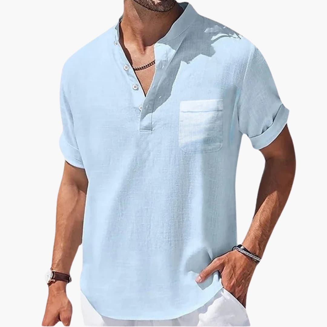 Men's Summer T-Shirt with Button Placket and Stand-Up Collar