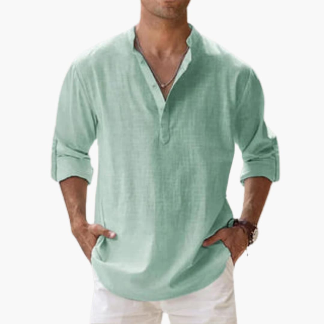 Casual Men's Linen Shirt – Long Sleeve, Henley Style