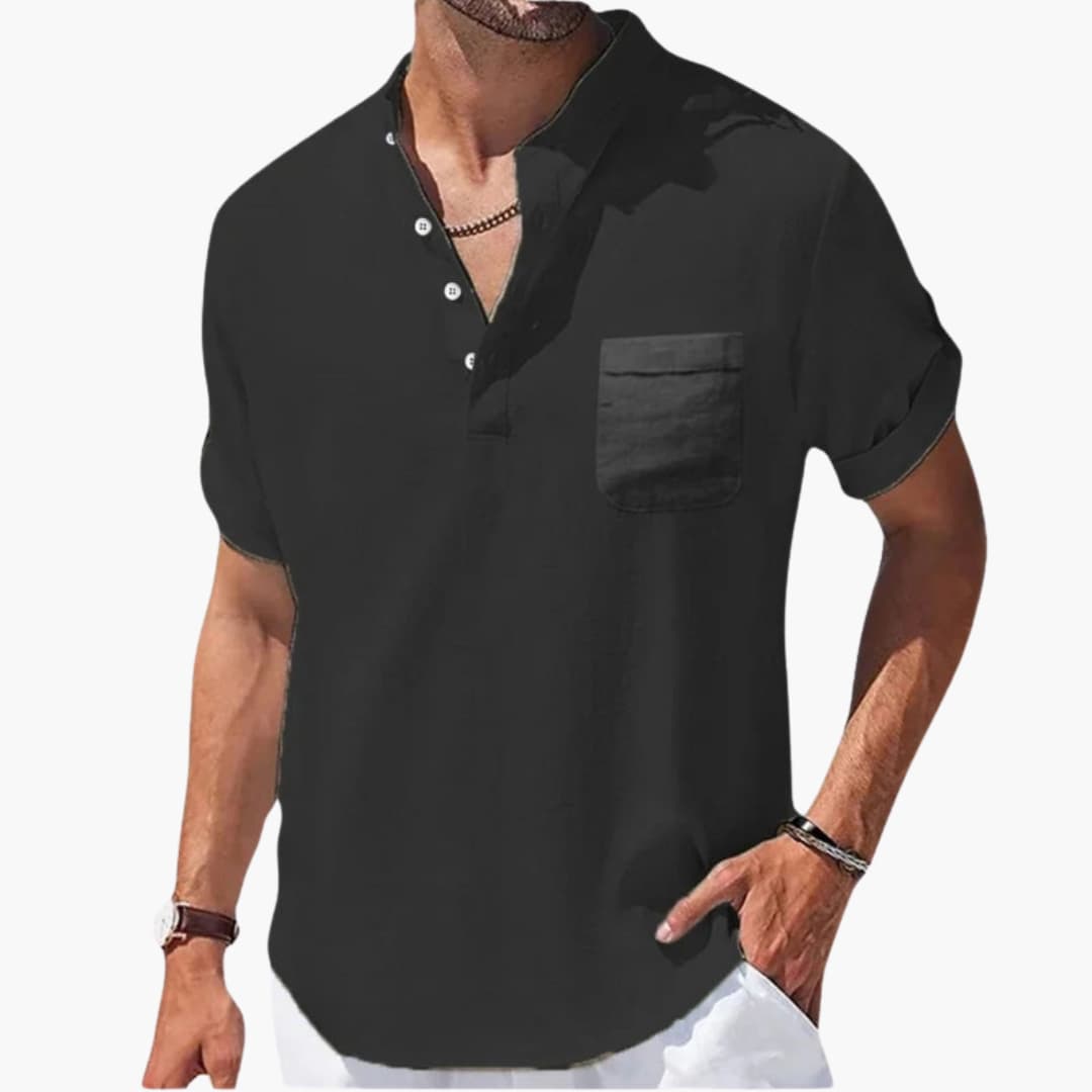 Men's Summer T-Shirt with Button Placket and Stand-Up Collar