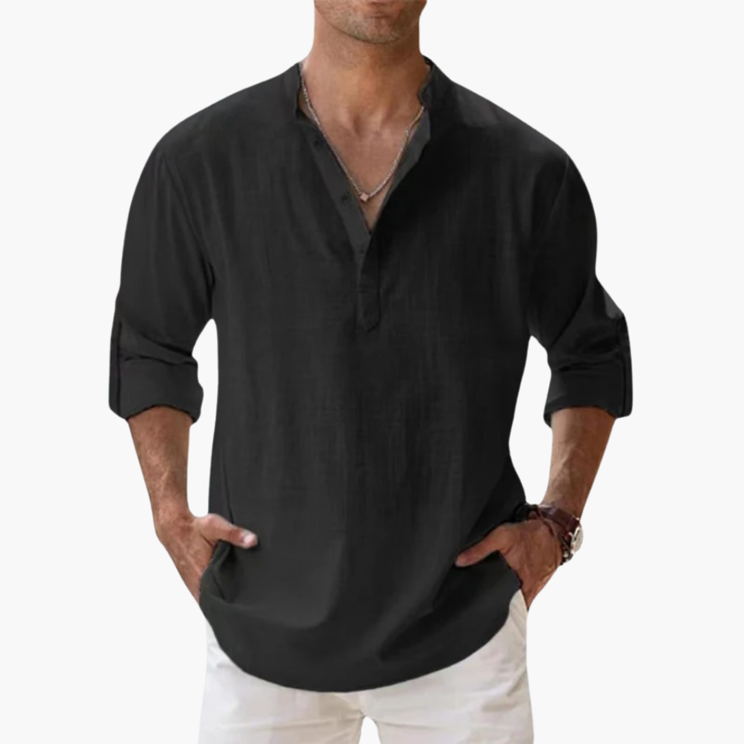 Casual Men's Linen Shirt – Long Sleeve, Henley Style