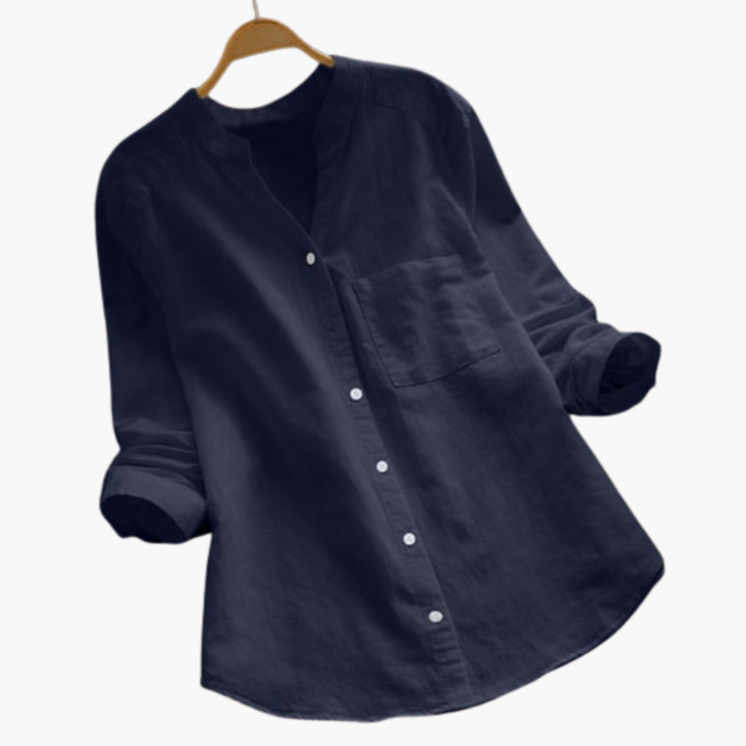 Loose-Fitting Blouse for Women - Long Sleeve, Stand-Up Collar & Casual