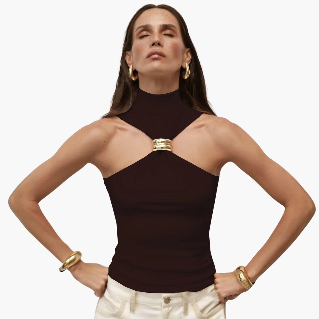 Chic High Neck Halter Top - for Women with Gold Accent