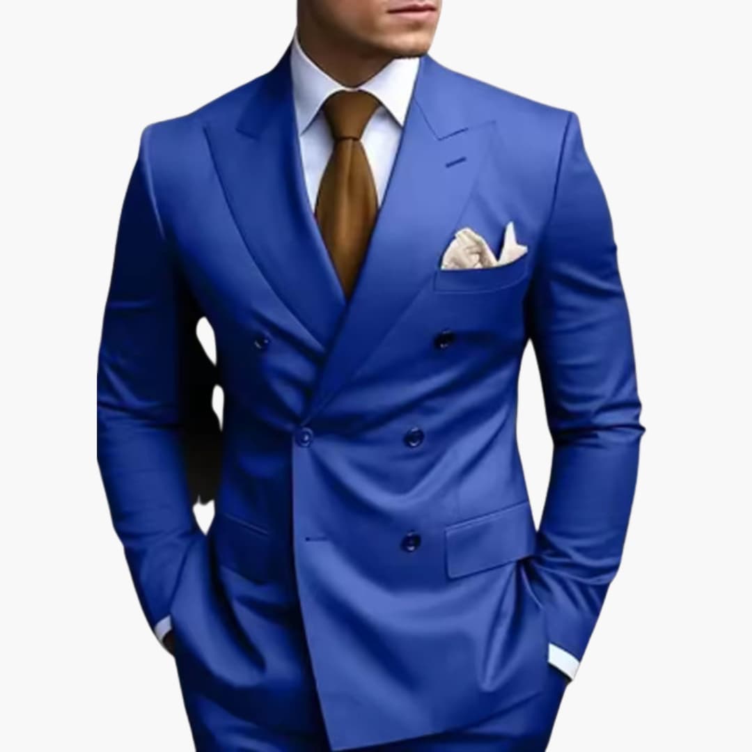 Two-Piece Men's Suit with Double-Breasted Jacket and Peak Lapel
