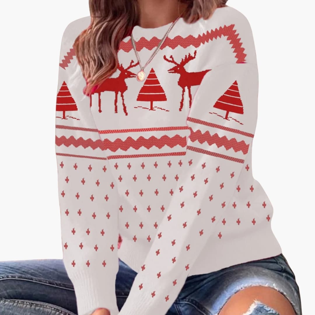 Women's Sweater with Round Neck and Reindeer Pattern