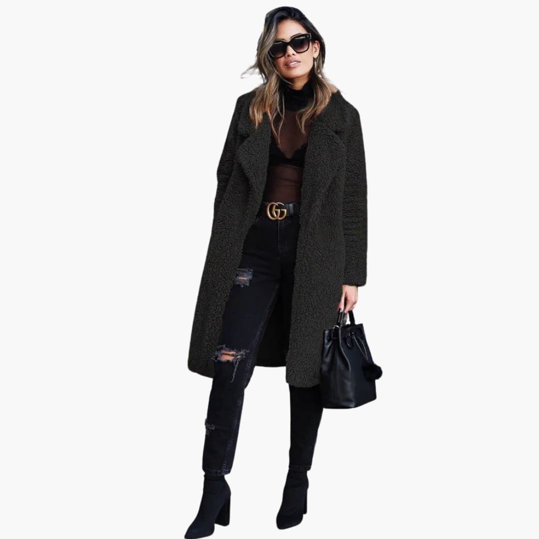Women's Long Teddy Coat with Wide Collar