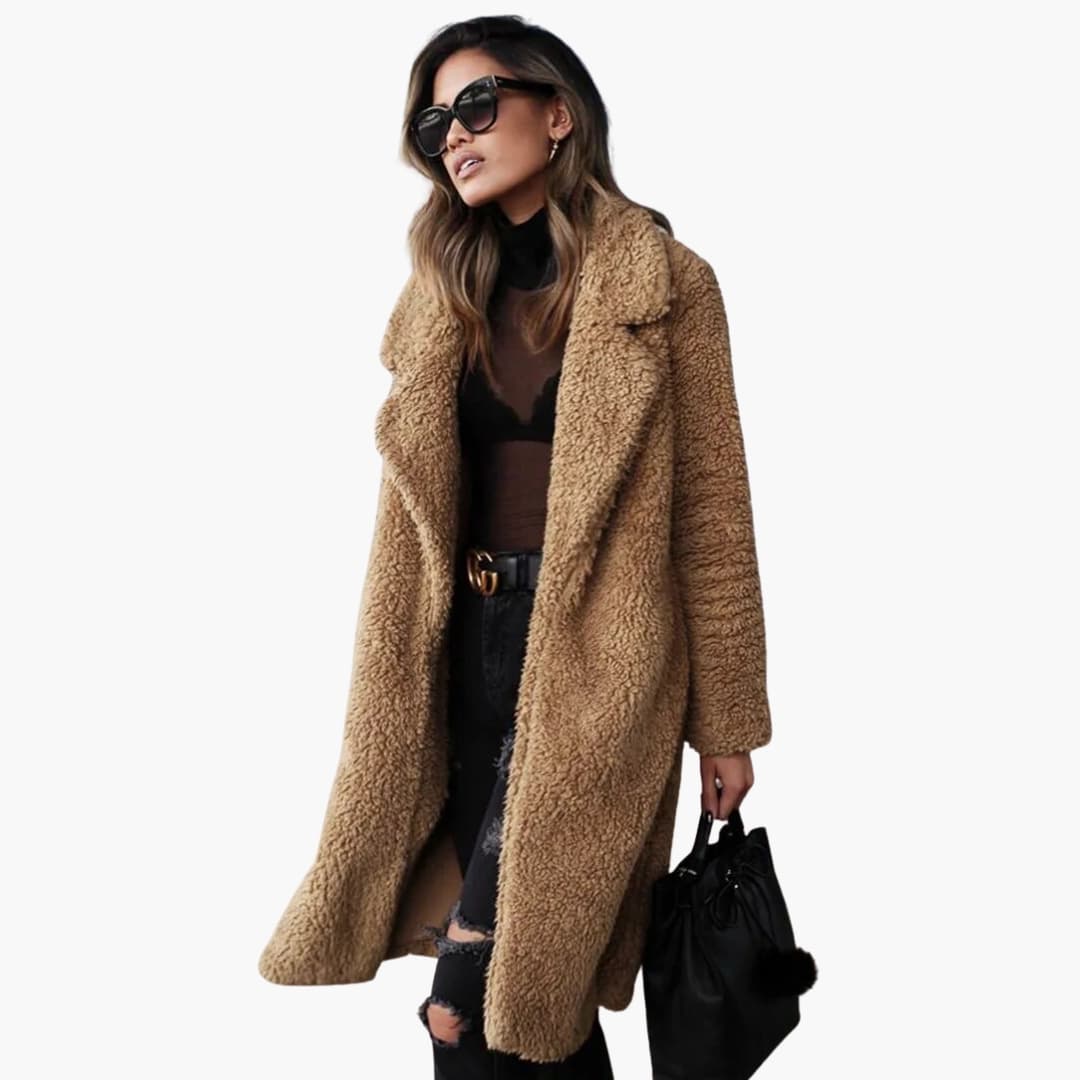 Women's Long Teddy Coat with Wide Collar