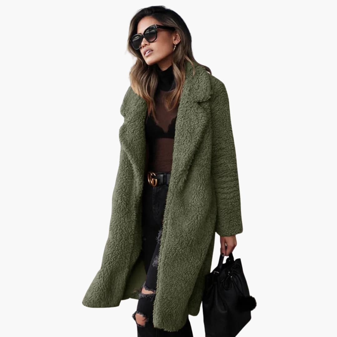 Women's Long Teddy Coat with Wide Collar