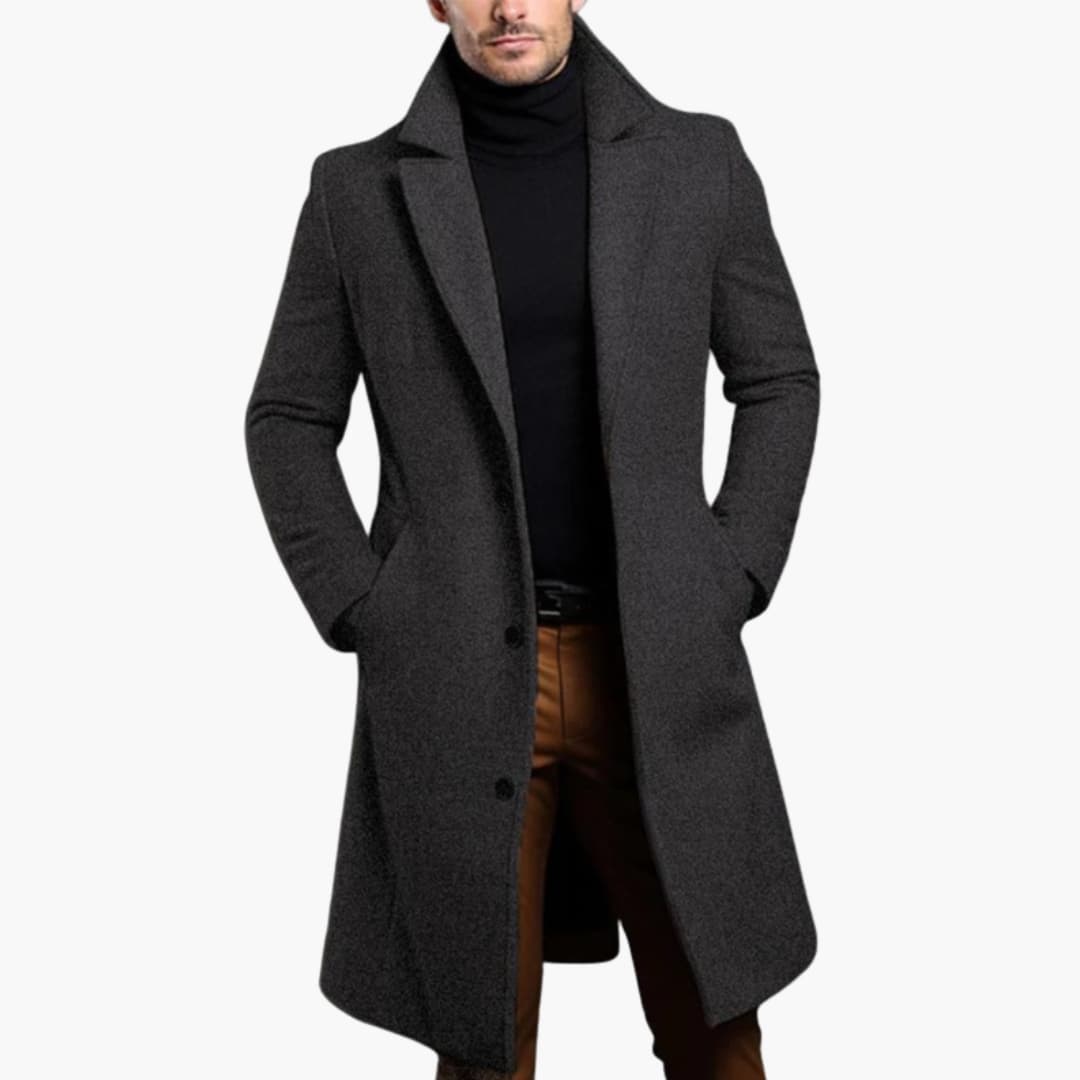 Men's Long Trench Coat with Button Placket - Notched Lapel and Side Pockets