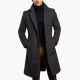 Men's Long Trench Coat with Button Placket - Notched Lapel and Side Pockets