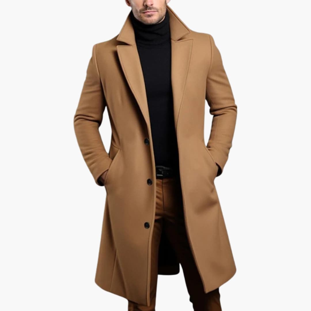 Men's Long Trench Coat with Button Placket - Notched Lapel and Side Pockets