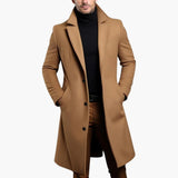 Men's Long Trench Coat with Button Placket - Notched Lapel and Side Pockets