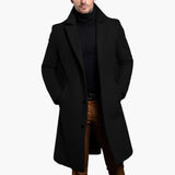 Men's Long Trench Coat with Button Placket - Notched Lapel and Side Pockets