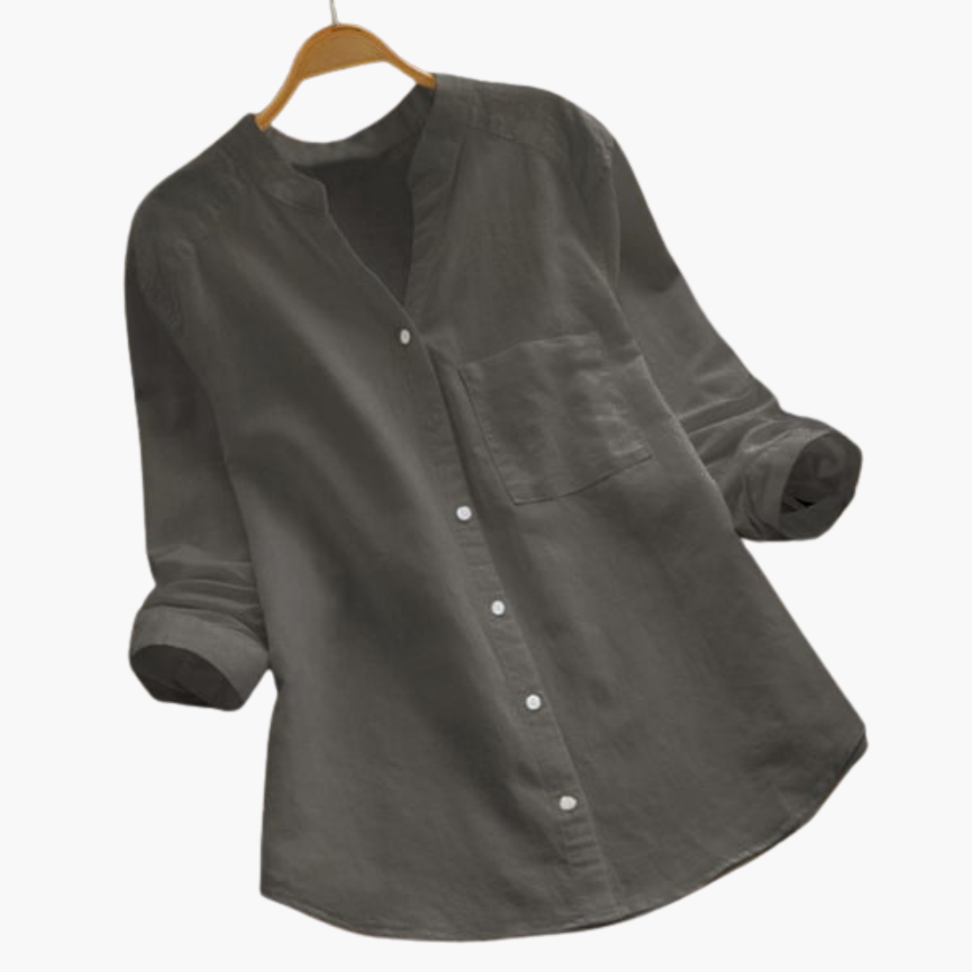 Loose-Fitting Blouse for Women - Long Sleeve, Stand-Up Collar & Casual