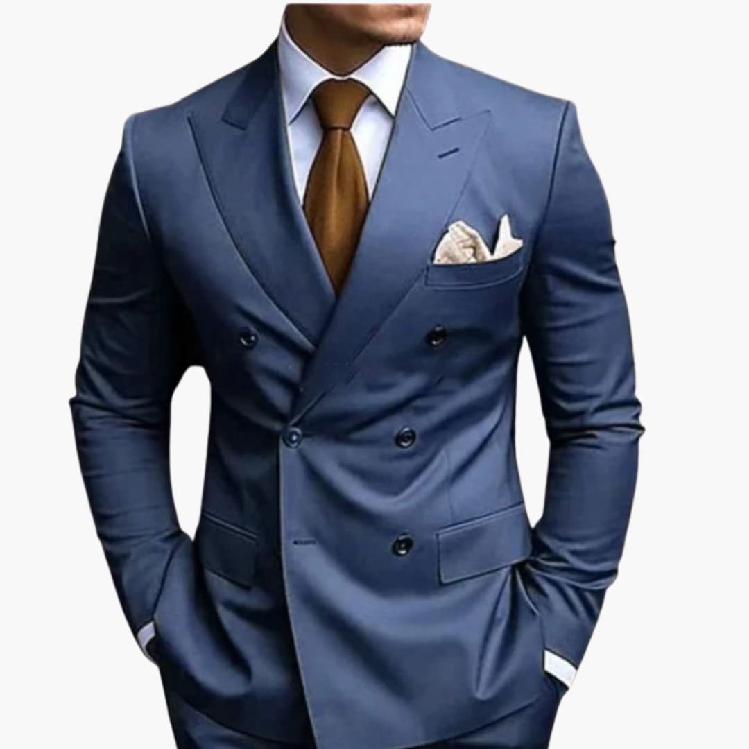 Two-Piece Men's Suit with Double-Breasted Jacket and Peak Lapel