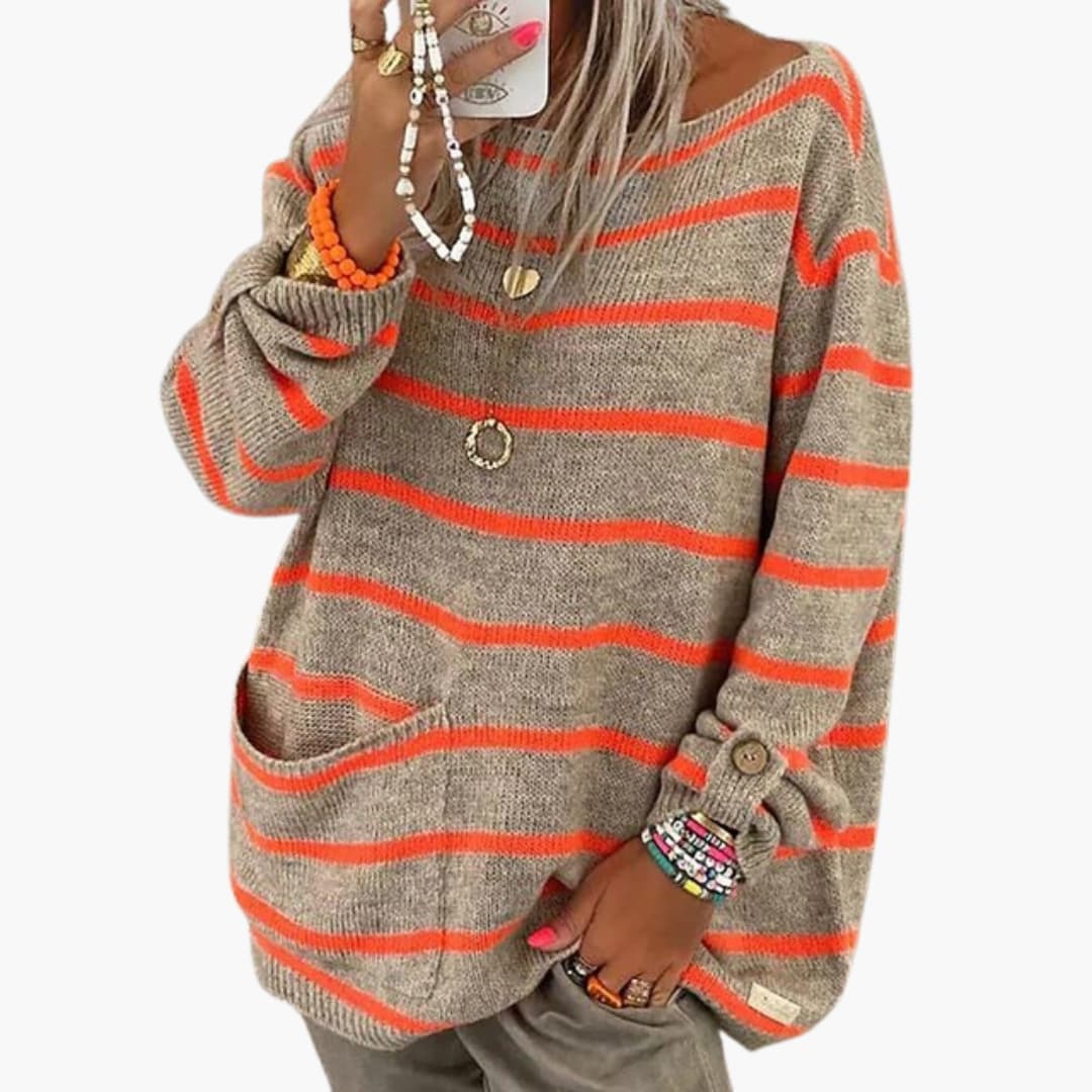 Women’s Striped Pullover Sweater with Patch Pocket