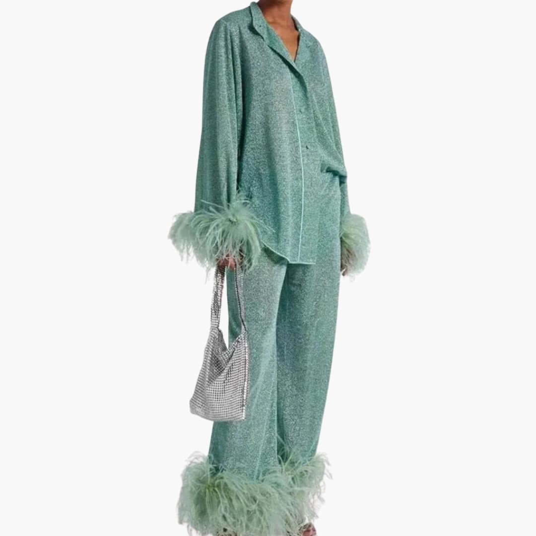 Women’s Two Piece Set with Feather Trim and Button Front