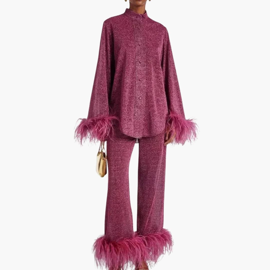 Women’s Two Piece Set with Feather Trim and Button Front