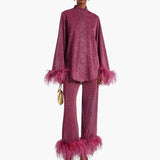 Women’s Two Piece Set with Feather Trim and Button Front