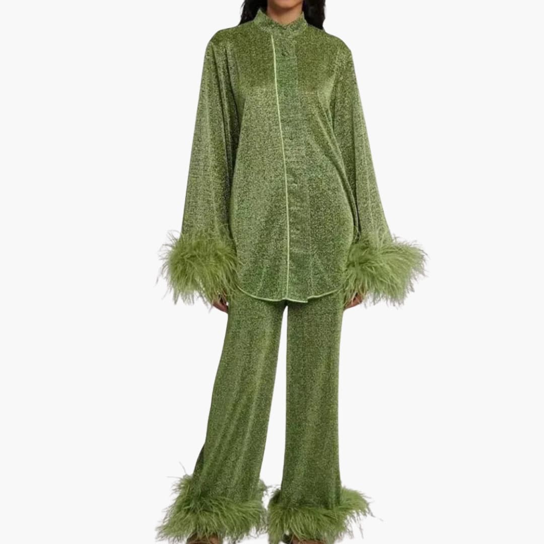 Women’s Two Piece Set with Feather Trim and Button Front