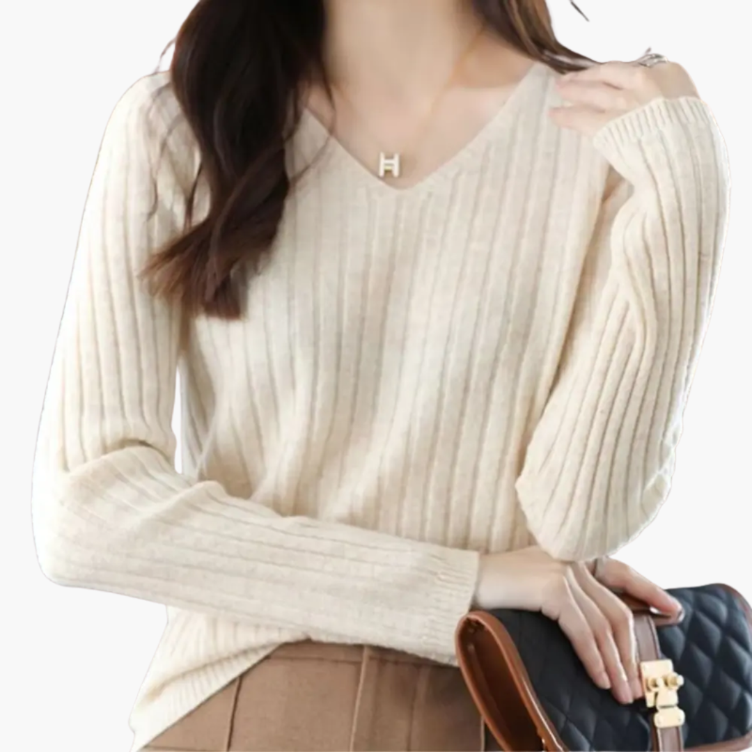 Women’s V-Neck Knitted Sweater with Long Sleeves and Ribbed Finish