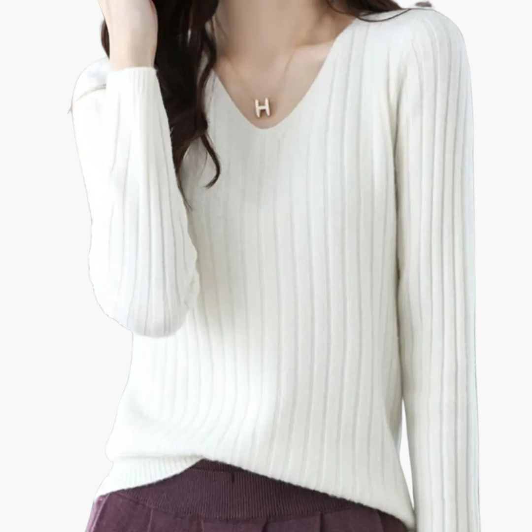 Women’s V-Neck Knitted Sweater with Long Sleeves and Ribbed Finish