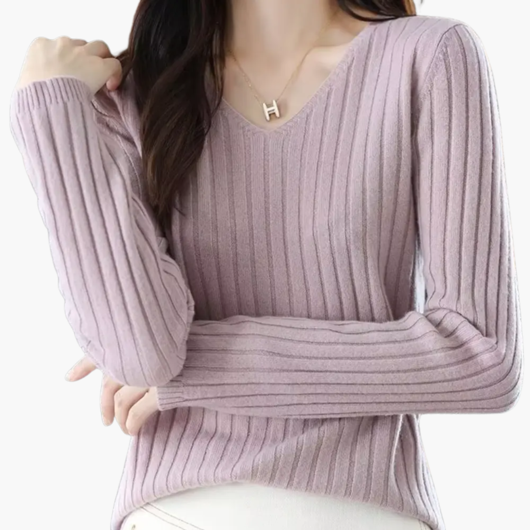 Women’s V-Neck Knitted Sweater with Long Sleeves and Ribbed Finish