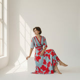 Floral Dress with V-Neck for Women – Elegant & Long